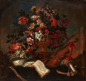 Fleurs Dans Un Vase De Bronze Pose Sur Un Entablement, Partitions Et Instruments De Musique