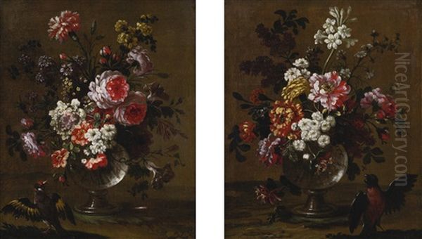 Bouquets Of Flowers In Glass Vases On Ledges With Birds (pair) by Pierre Nicolas Huilliot
