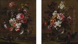 Bouquets Of Flowers In Glass Vases On Ledges With Birds (pair) by Pierre Nicolas Huilliot
