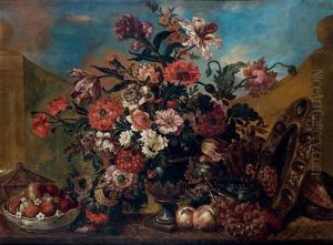 Bouquet De Fleurs Et Coupe De Peches Sur Un Entablement