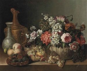 Roses, Carnations, Narcissi And Other Flowers In A Sculpted Urn, Figs In A Wicker Basket, A Gold Sculpted Pitcher, A Painted Porcelain Vase... by Pierre Nicolas Huilliot