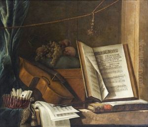 Nature Morte A La Viole De Gambe, Aux Partitions Musicales Et Aux Fruits Sur Un Entablement Nature Morte A La Viole De Gambe, Aux Partitions Musicales Et Aux Fruits Sur Un Entablement