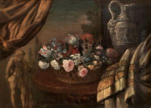Stilleben Med Blommor, Kanna Och Herkulesskulptur by Pierre Nicolas Huilliot