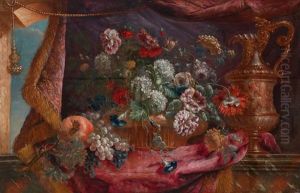 Ein Stillleben Von Blumen Und Fruchten Neben Einer Prunkkaraffe Auf Einer Marmorplatte thumbnail