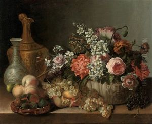 Roses, Carnations, Narcissi And Other Flowers In A Sculpted Urn, And Other Fruits On A Stone Ledge by Pierre Nicolas Huilliot
