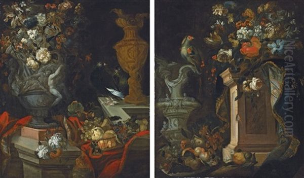 Flowers In A Sculpted Urn (+ Flowers In A Vase On A Pillar; Pair) - view 1
