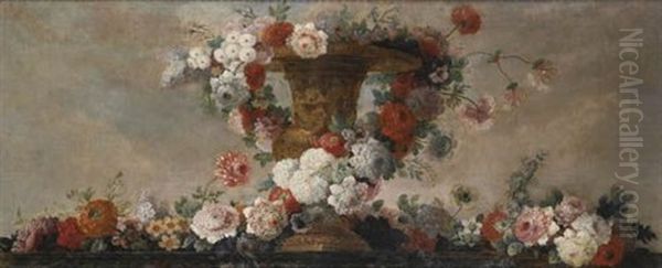 Natures Mortes A La Guirlande De Fleurs (+ Urne En Bronze Dore Sur Un Entablement De Marbre, Various Sizes; Pair) - view 1