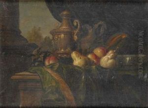 Nature Morte Aux Pieces D'orfevrerie, Pommes Et Poires Sur Un Entablement