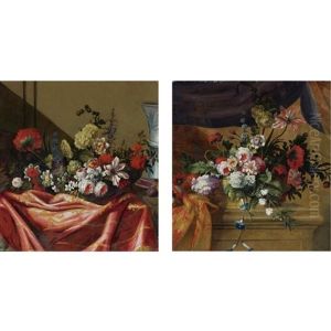 A Still Life Of Roses, Carnations, Lilies And Other Flowers On A Draped Ledge With A Vase (+ A Still Life Of Roses, Carnations, Lilies And Other Flowers Resting Upon A Stone Ledge; Pair) by Pierre Nicolas Huilliot