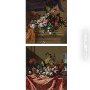 A Still Life Of Roses, Carnations, Lilies And Other Flowers On A Draped Ledge With A Vase (+ A Still Life Of Roses, Carnations, Lilies And Other Flowers Resting Upon A Stone Ledge; Pair) by Pierre Nicolas Huilliot