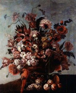 Perroquet Et Fruits Pres D'un Bouquet De Fleurs Sur Un Entablement