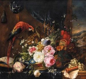 A Still Life Of Various Flowers In A Basket With A Parrot by Pierre Nicolas Huilliot
