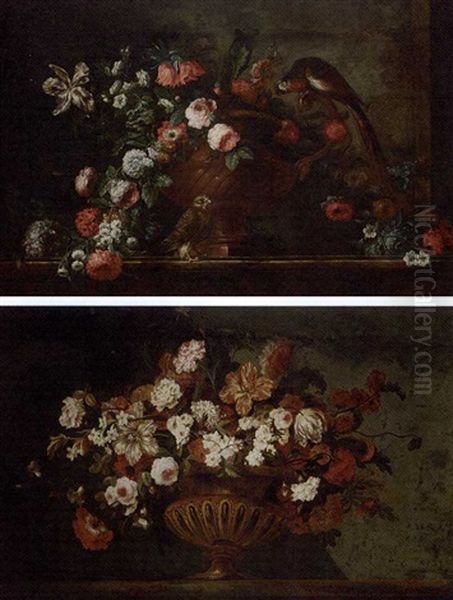 Mixed Flowers In An Urn With A Parrot And A Hawk On A Ledge (+ Mixed Flowers In An Urn On A Ledge; Pair) - view 1