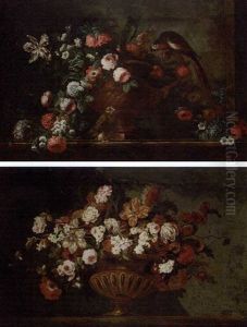 Mixed Flowers In An Urn With A Parrot And A Hawk On A Ledge (+ Mixed Flowers In An Urn On A Ledge; Pair) by Pierre Nicolas Huilliot