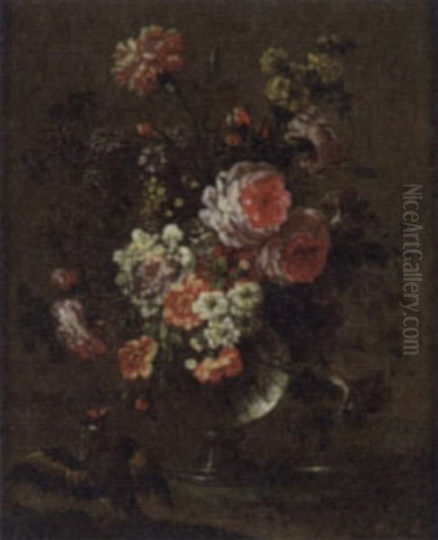 Sill Life Of Flowers In A Vase With Birds - view 1