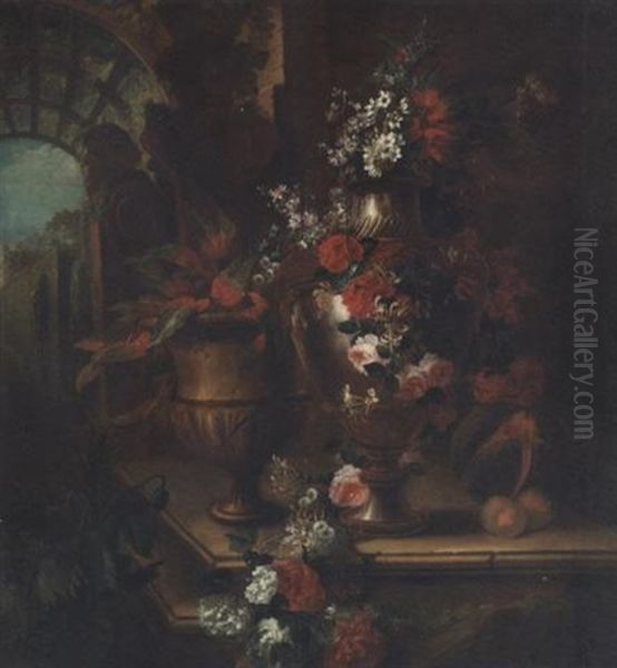 Roses, Poppies, Honeysuckle, Hollyhocks, Morning Glory, Peonies, Narcissi And Other Flowers In A Vase, With Foliage In An Urn And A Melon And Peaches On A Stone Ledge, A Garden Beyond - view 1