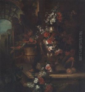 Roses, Poppies, Honeysuckle, Hollyhocks, Morning Glory, Peonies, Narcissi And Other Flowers In A Vase, With Foliage In An Urn And A Melon And Peaches On A Stone Ledge, A Garden Beyond by Pierre Nicolas Huilliot