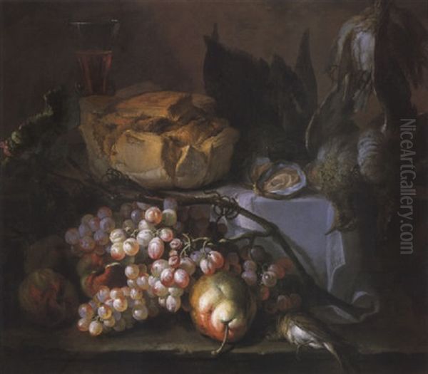 Nature Morte Aux Raisins, Miche De Pain Et Gibier Sur Un Entablement - view 1