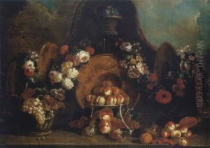 Peches Et Raisins Avec Des Guirlandes De Fleurs Sur Un Entablement Peches Et Raisins Avec Des Guirlandes De Fleurs Sur Un Entablement