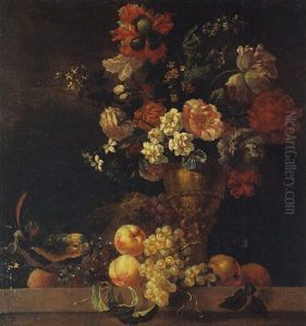 Carnations, Peonies And Other Flowers In A Sculpted Urn On A Stone Ledge, With A Parrot Resting Beside Peaches, Grapes And Pears by Pierre Nicolas Huilliot