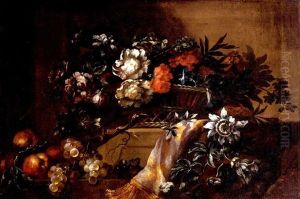 Roses, Carnations, Peonies And Other Flowers In A Basket Next To Some Apples And Grapes On A Partially Draped Stepped Stone Ledge by Pierre Nicolas Huilliot