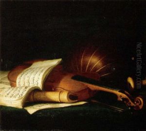 Still Life Of A Violin And Bow, Together With A Recorder, A Lute And An Open Music Score Upon A Table Top by Pierre Nicolas Huilliot