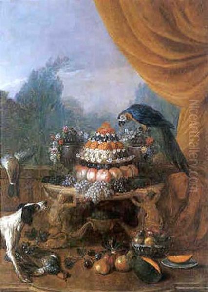 Nature Morte Au Buffet De Fruits, Chien Et Perroquet - view 1