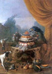 Nature Morte Au Buffet De Fruits, Chien Et Perroquet