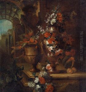Roses, Poppies, Honeysuckle, Hollycocks, Morning Glory And Other Flowers In A Vase On A Stone Ledge With Peaches