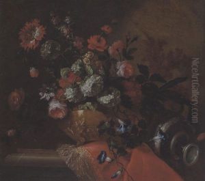 Grosser, Dekorativer Blumenstrauss Mit Rosen, Schneeballen Und Anderen Bluten In Einer Vergoldeten Prunkvase by Pierre Nicolas Huilliot