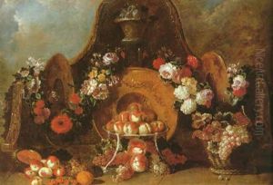 A Still Life Of Peaches In A Silver Tazza Before A Gold Plate Surrounded By A Garland Of Flowers And Various Fruits On A Stone Terrace