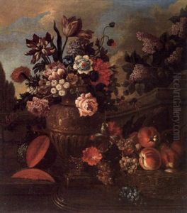 Vase De Fleurs, Pasteque Et Panier De Fruits Pres D'un Muret