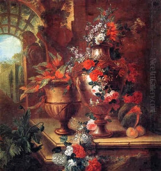 Still Life Of Roses, Poppies, Honeysuckle, Hydrangeas And Other Flowers In An Urn Resting On A Stone Ledge - view 1