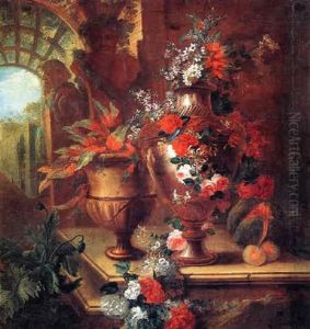 Still Life Of Roses, Poppies, Honeysuckle, Hydrangeas And Other Flowers In An Urn Resting On A Stone Ledge
