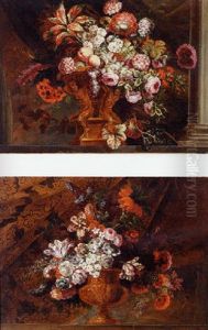 Flowers In A Sculpted Vases On Stone Ledges by Pierre Nicolas Huilliot