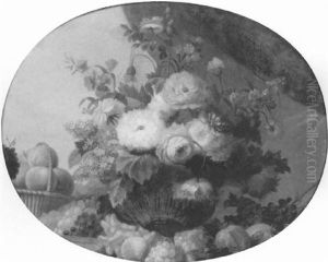 Nature Morte Au Vase De Fleurs Et Panier De Peches