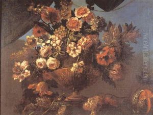 Grand Bouquet De Fleurs Variees Dans Un Vase Sur Un Entablement