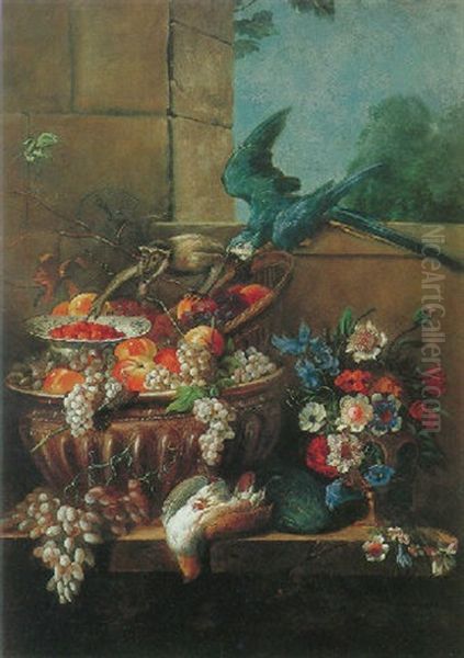 Still Life Of Fruit And Flowers Resting On The Ledge With A Monkey And A Parrot - view 1