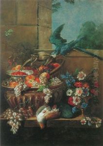 Still Life Of Fruit And Flowers Resting On The Ledge With A Monkey And A Parrot by Pierre Nicolas Huilliot