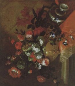 Groser Dekorativer Blumenstraus Mit Rosen, Schneeballen Und Anderen Bluten In Einer Vergoldeten Prunkvase by Pierre Nicolas Huilliot