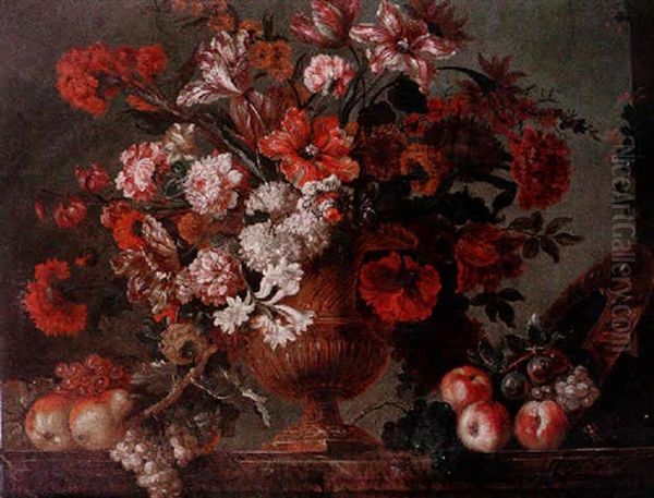 A Still Life Of Flowers In An Urn With Fruit Resting On A Marble Ledge - view 1
