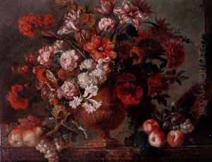 A Still Life Of Flowers In An Urn With Fruit Resting On A Marble Ledge by Pierre Nicolas Huilliot