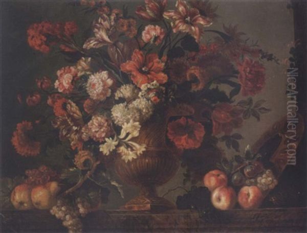 Still Life Of Flowers In An Urn With Fruit Resting On A Marble Ledge - view 1