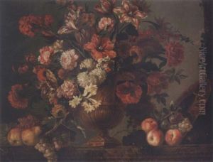 Still Life Of Flowers In An Urn With Fruit Resting On A Marble Ledge