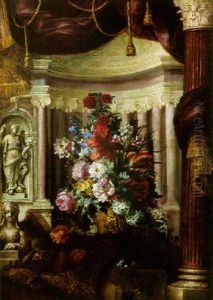 A Still Life Of Flowers Set Within An Architectural Niche