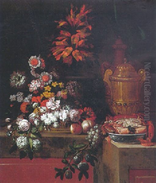 Still Life Of Gilt And Porphyry Urns And A Dish Of Crabs And Prawns Beside A Basket Of Flowers, Grapes, Peaches And Plums - view 1