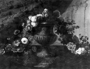 Still Life Of A Garland Of Flowers Draped Over A Sculpted Urn, Resting On A Marble Ledge by Pierre Nicolas Huilliot