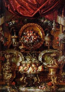 Buffet Still Life Of Elaborate Gilt And Silver Vessels And Platters With Flowers And Fruit In A Draped Niche by Pierre Nicolas Huilliot