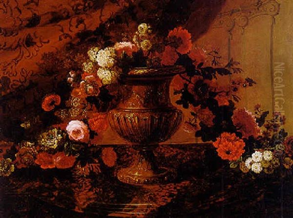 Still Life Of A Garland Of Flowers Draped Over A Sculpted Urn - view 1