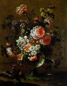 Still Life Of Flowers In A Vase With A Bird